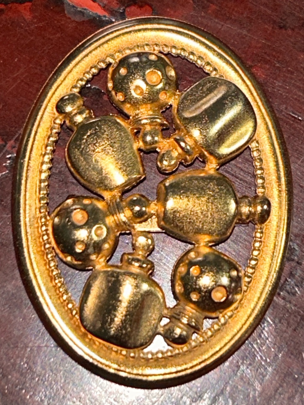 Vintage Christian Dior Gold Plated Oval Brooch with Perfume Bottles, Authentic - Picture 3 of 8